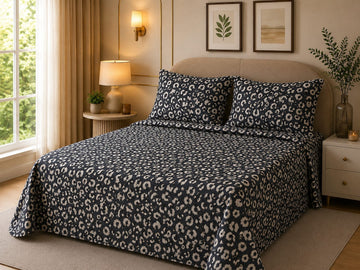 Premium Navy Blue & Beige Printed Bedsheet Set – Elegant Floral Leopard Pattern