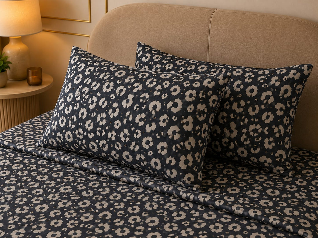 Premium Navy Blue & Beige Printed Bedsheet Set – Elegant Floral Leopard Pattern