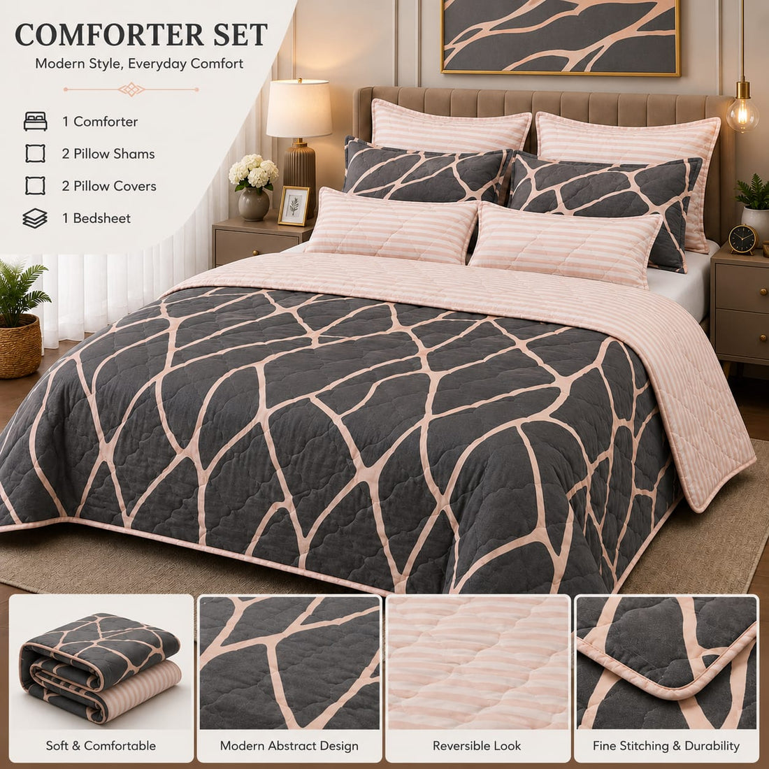 Charcoal & Blush Pink Abstract Web Comforter Set