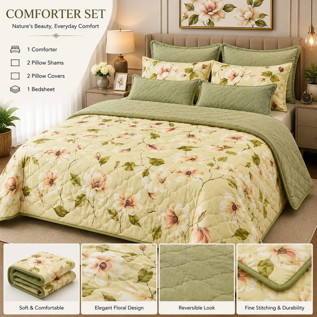 Sage Green Magnolia Floral Comforter Set