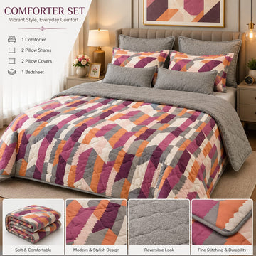 Purple & Orange Chevron Patchwork Comforter Set