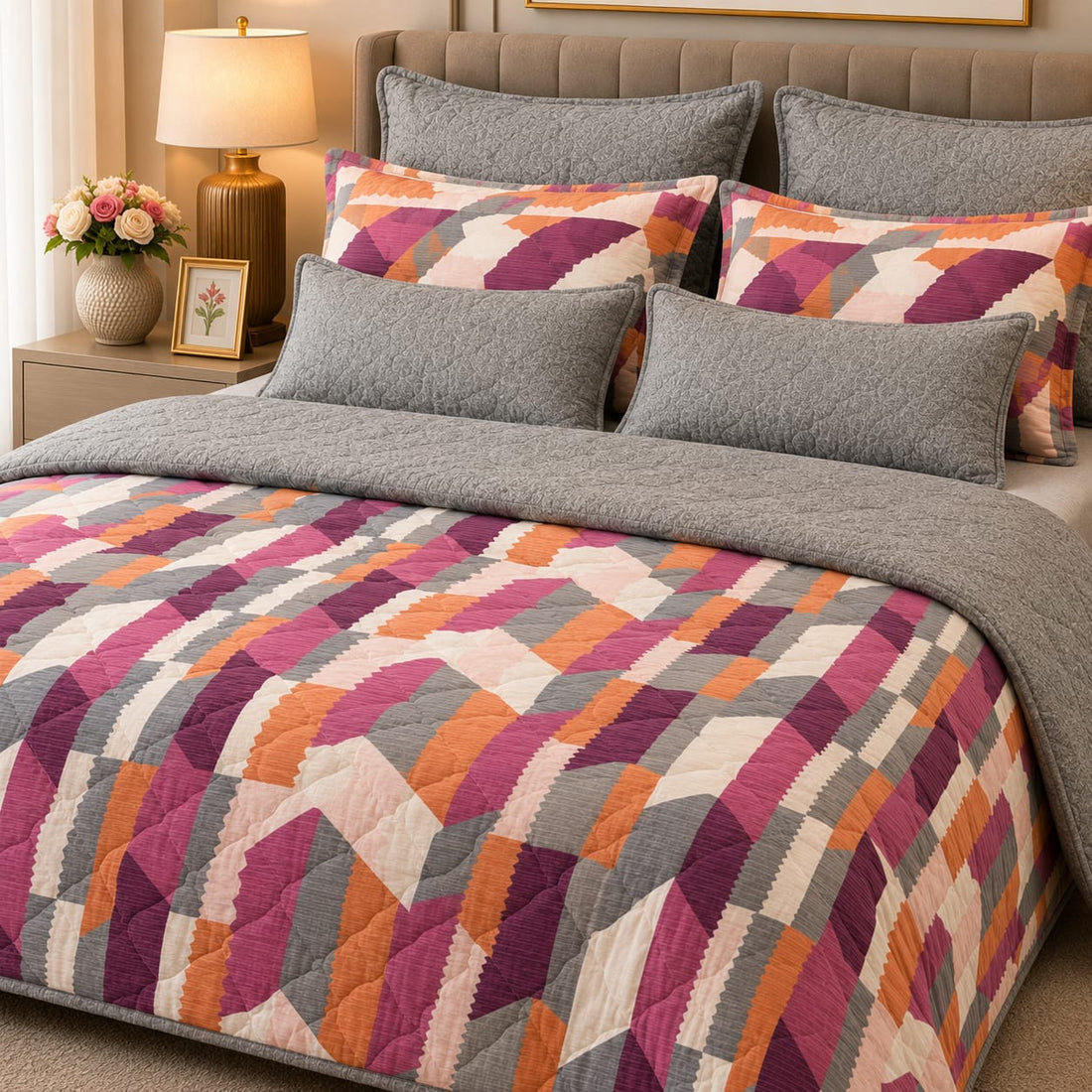 Purple & Orange Chevron Patchwork Comforter Set