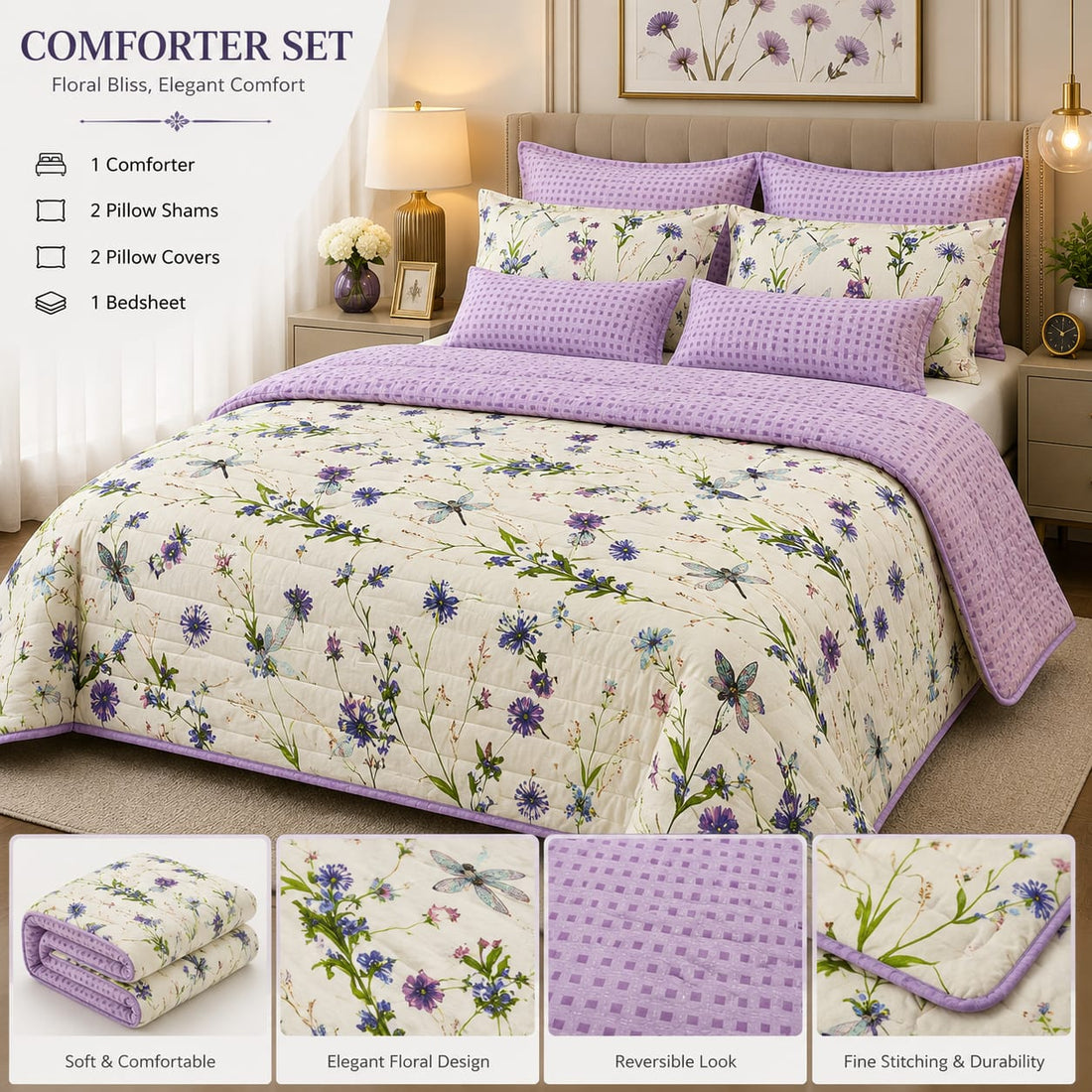 Lavender Wildflower & Dragonfly Comforter Set