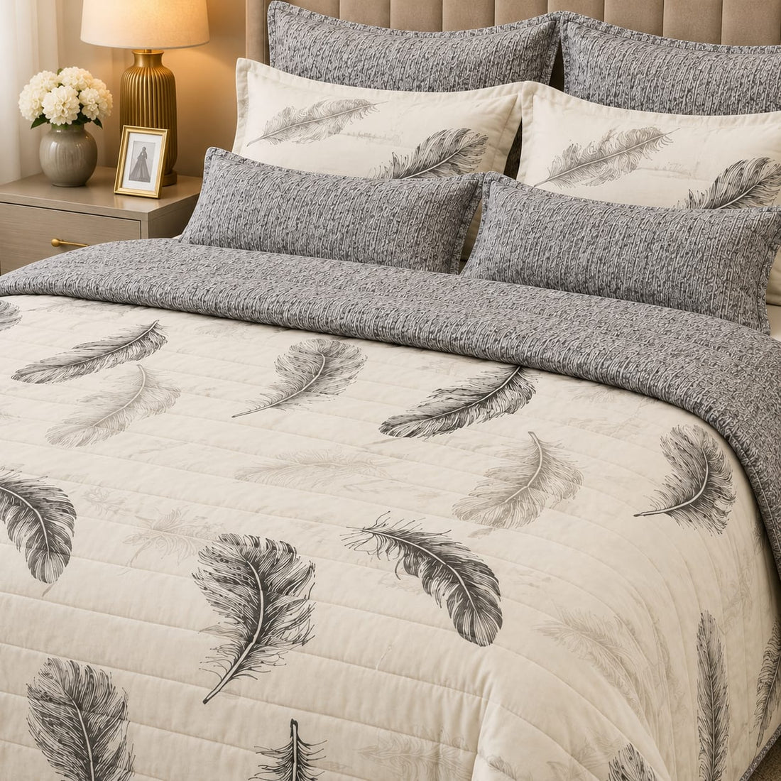 Ivory Feather Print Comforter Set