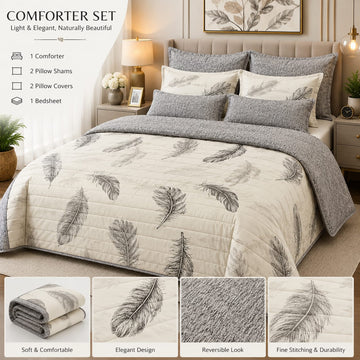 Ivory Feather Print Comforter Set