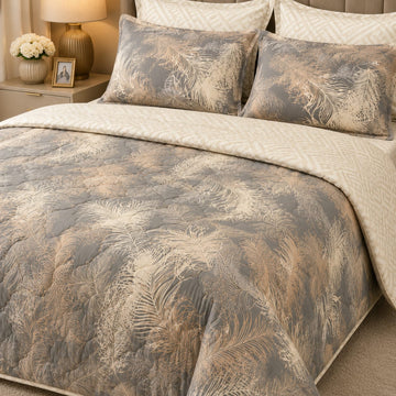 Grey & Gold Feather Comforter Set