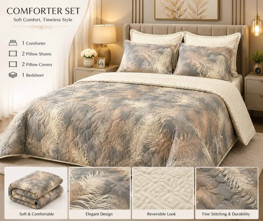 Grey & Gold Feather Comforter Set