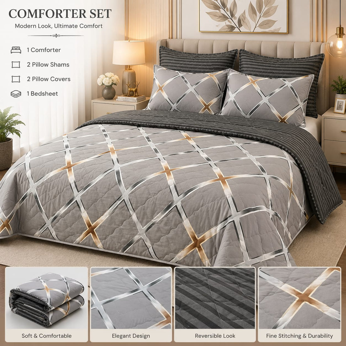 Grey & Gold Diamond Comforter Set