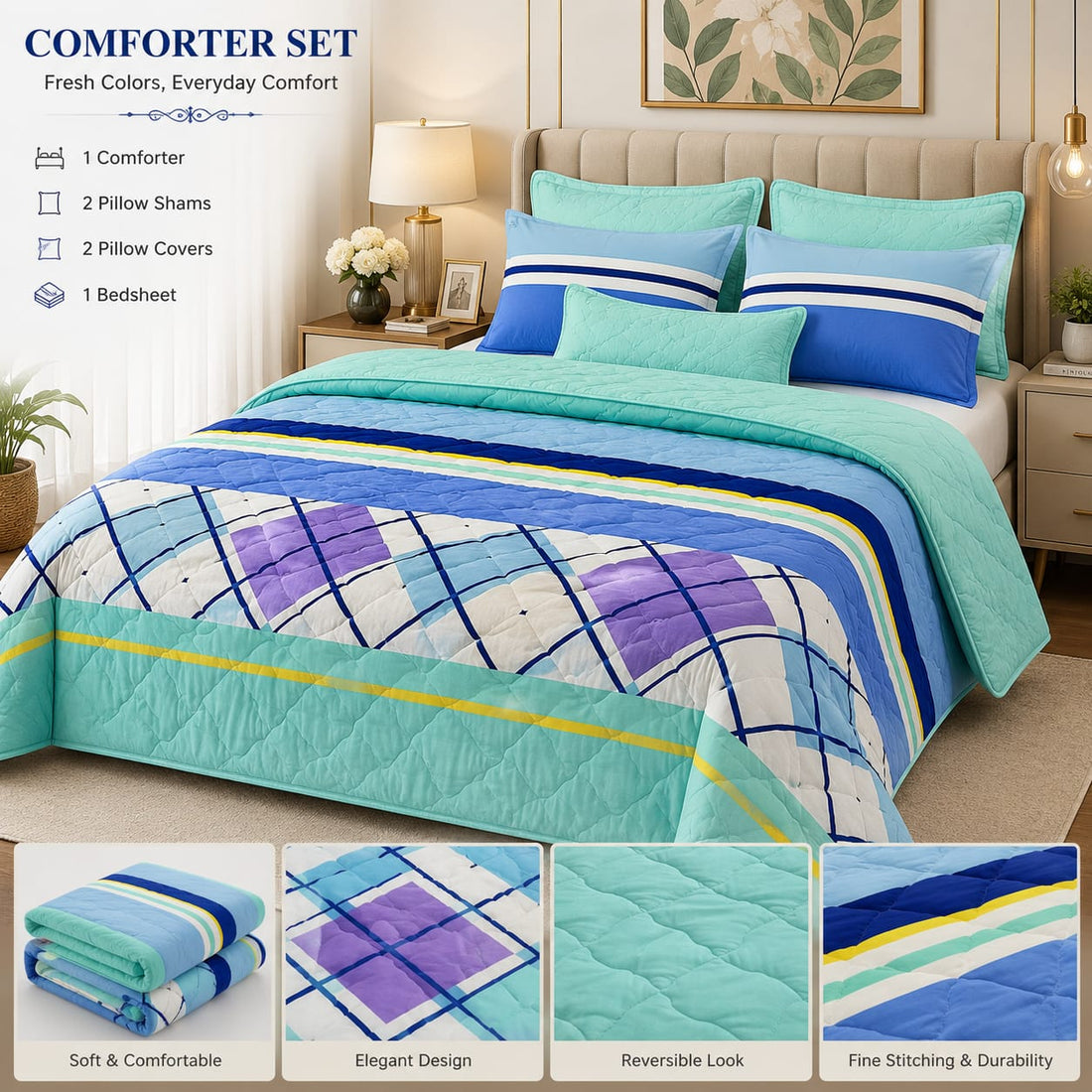 Aqua Stripe & Argyle Comforter Set
