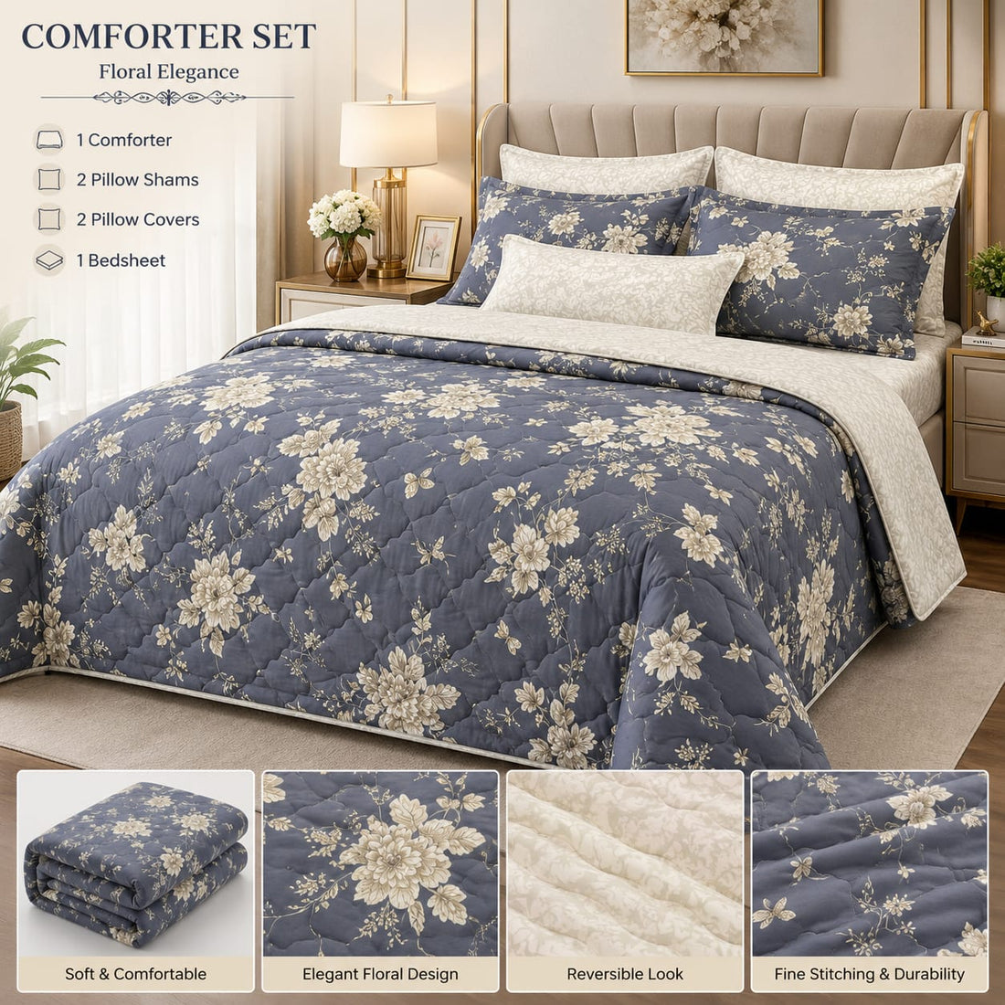 Navy Floral Elegance Comforter Set