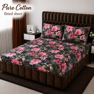 Pure Cotton Fitted Sheet - Black Pink Hibiscus