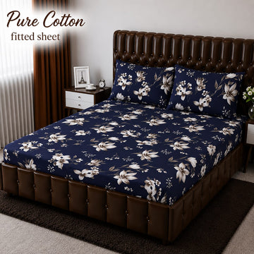 Pure Cotton Fitted Sheet - Navy Blue White Lily