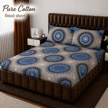 Pure Cotton Fitted Sheet - Grey Blue Mandala