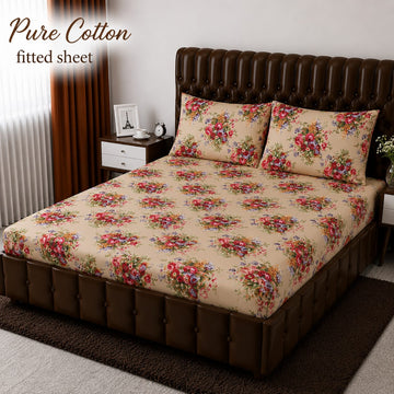 Pure Cotton Fitted Sheet - Beige Victorian Rose Bouquet