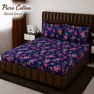 Pure Cotton Fitted Sheet - Navy Blue Pink Rose