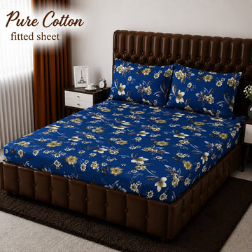Pure Cotton Fitted Sheet - Navy Blue Wild Flower