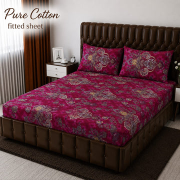 Pure Cotton Fitted Sheet - Magenta Medallion Damask