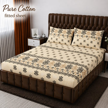 Pure Cotton Fitted Sheet - Cream Black Floral Bouquet