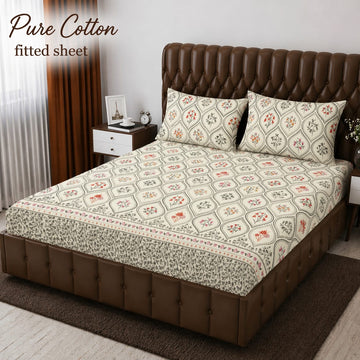 Pure Cotton Fitted Sheet - Cream Mughal Jaal