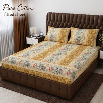 Pure Cotton Fitted Sheet - Golden Floral Stripe
