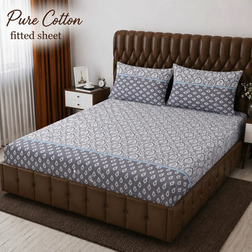 Pure Cotton Fitted Sheet - Grey Ikat Floral
