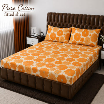 Pure Cotton Fitted Sheet - Orange Daisy