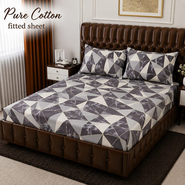 Pure Cotton Fitted Sheet - Geometric Grey