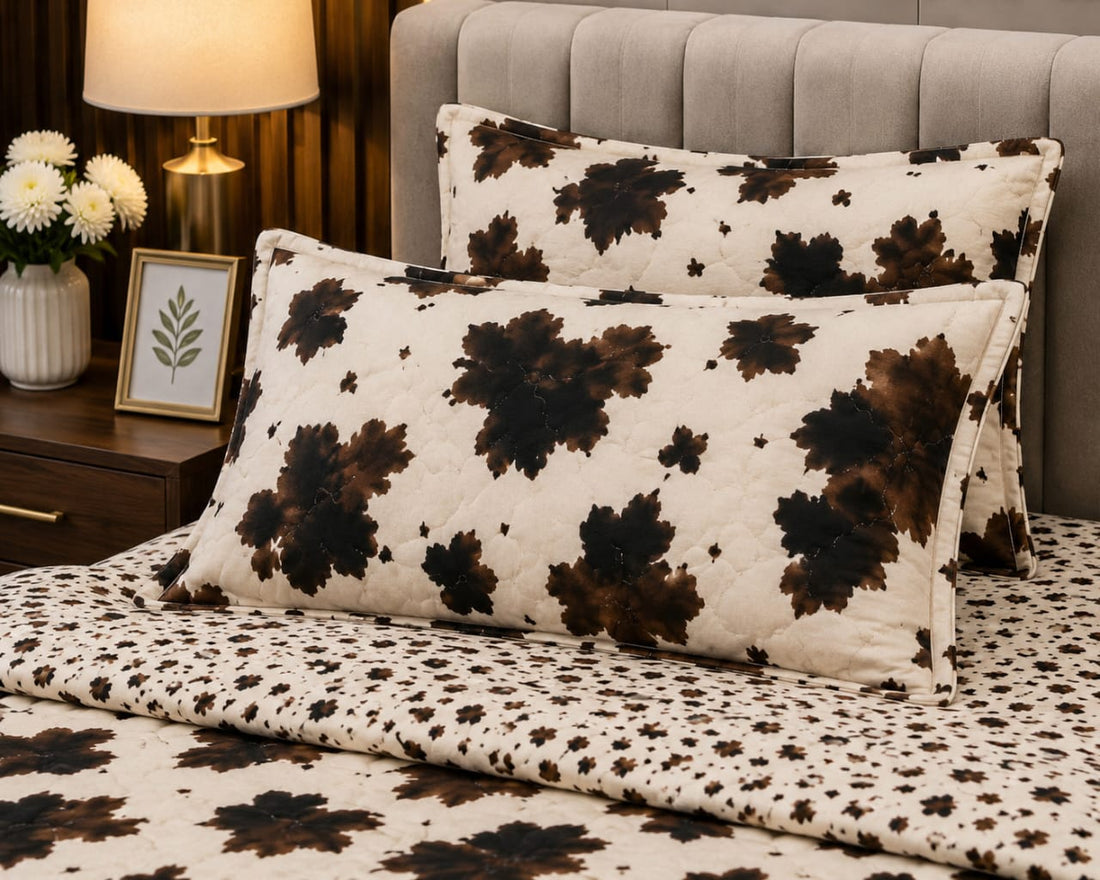 Brown leaf print 4-piece comforter set on a styled bed with product details