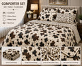 Brown leaf print 4-piece comforter set on a styled bed with product details