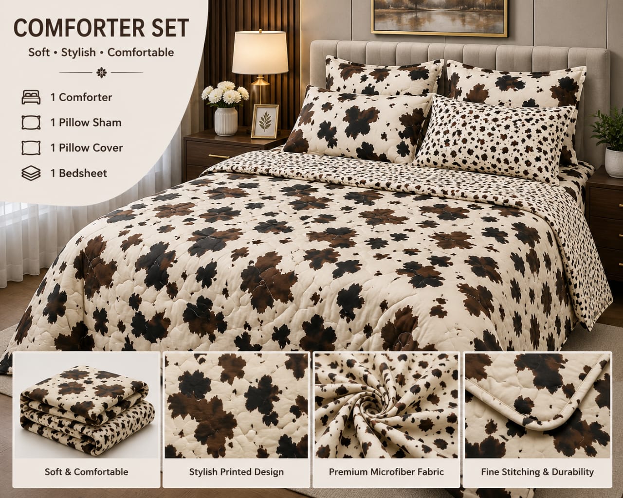 Brown leaf print 4-piece comforter set on a styled bed with product details