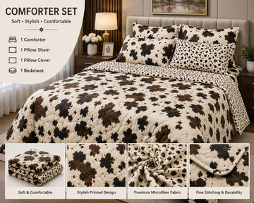 Brown leaf print 4-piece comforter set on a styled bed with product details