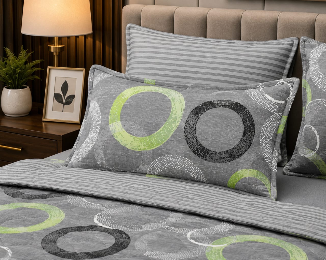 Close-up of grey circle design comforter set showing pillow sham detail