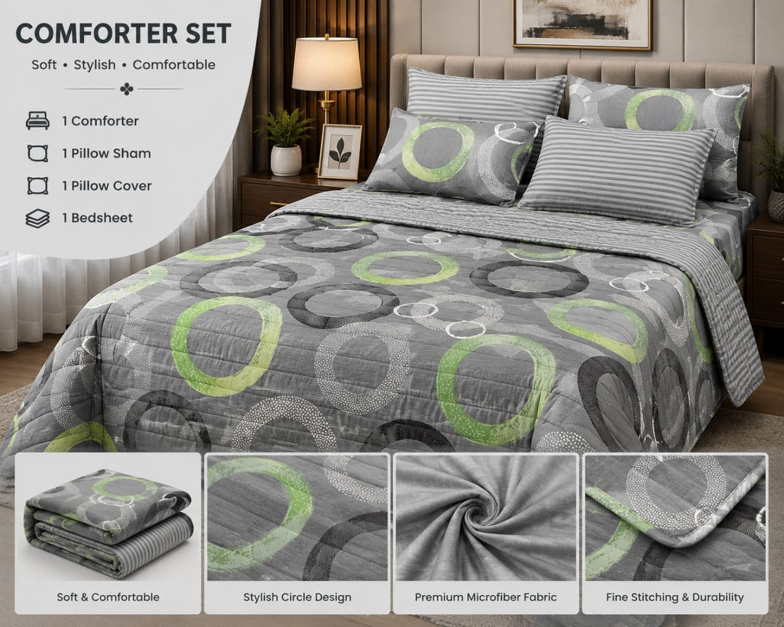 Close-up of grey circle design comforter set showing pillow sham detail