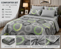 Grey circle design 4-piece comforter set on a styled bed with product details