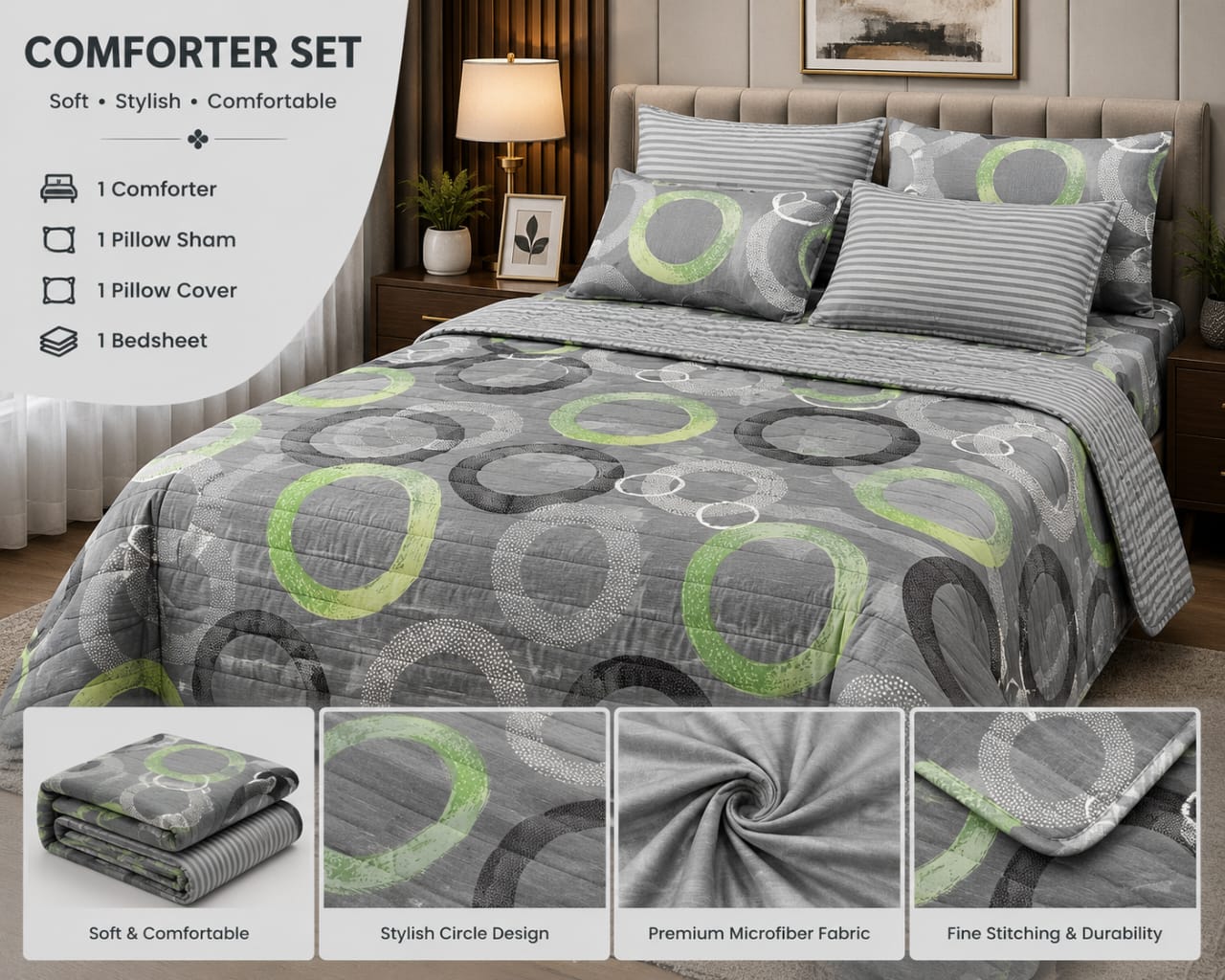 Grey circle design 4-piece comforter set on a styled bed with product details