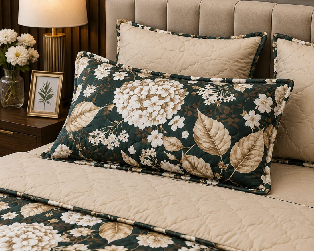 Close-up of dark green hydrangea floral comforter set showing pillow sham detail