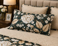 Close-up of dark green hydrangea floral comforter set showing pillow sham detail
