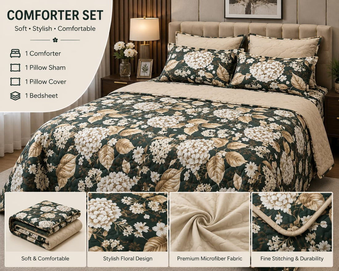 Close-up of dark green hydrangea floral comforter set showing pillow sham detail