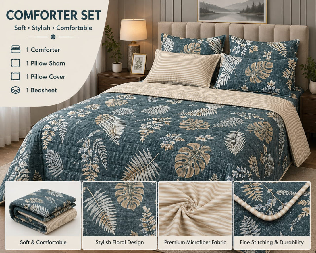 Teal tropical leaf 4-piece comforter set on a styled bed with product details