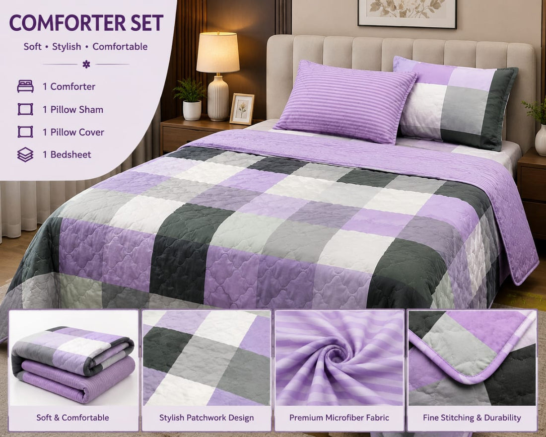 Lavender patchwork 4-piece comforter set on a styled bed with product details