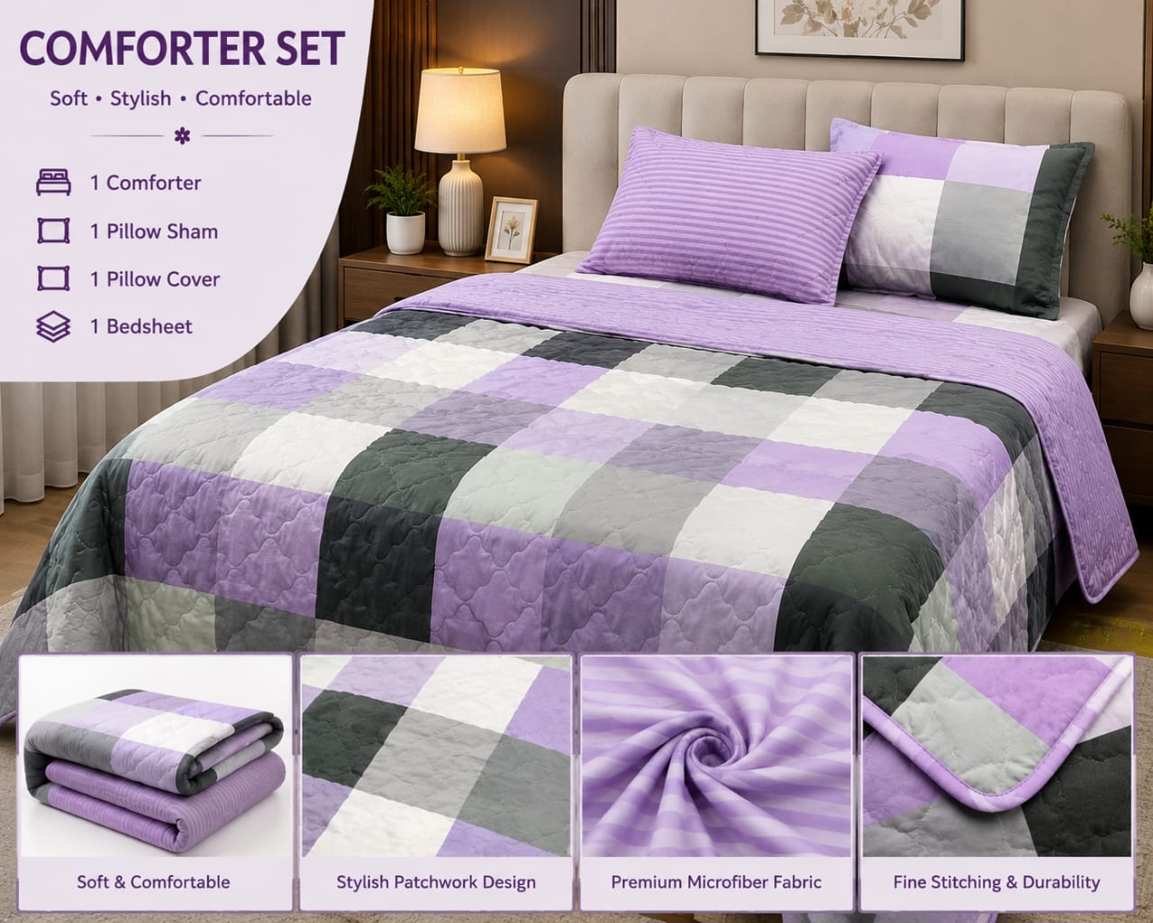 Lavender patchwork 4-piece comforter set on a styled bed with product details