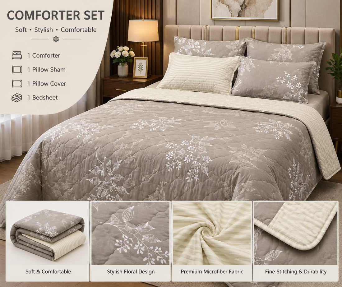Grey floral 4-piece comforter set on a styled bed with product details