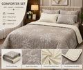 Grey floral 4-piece comforter set on a styled bed with product details