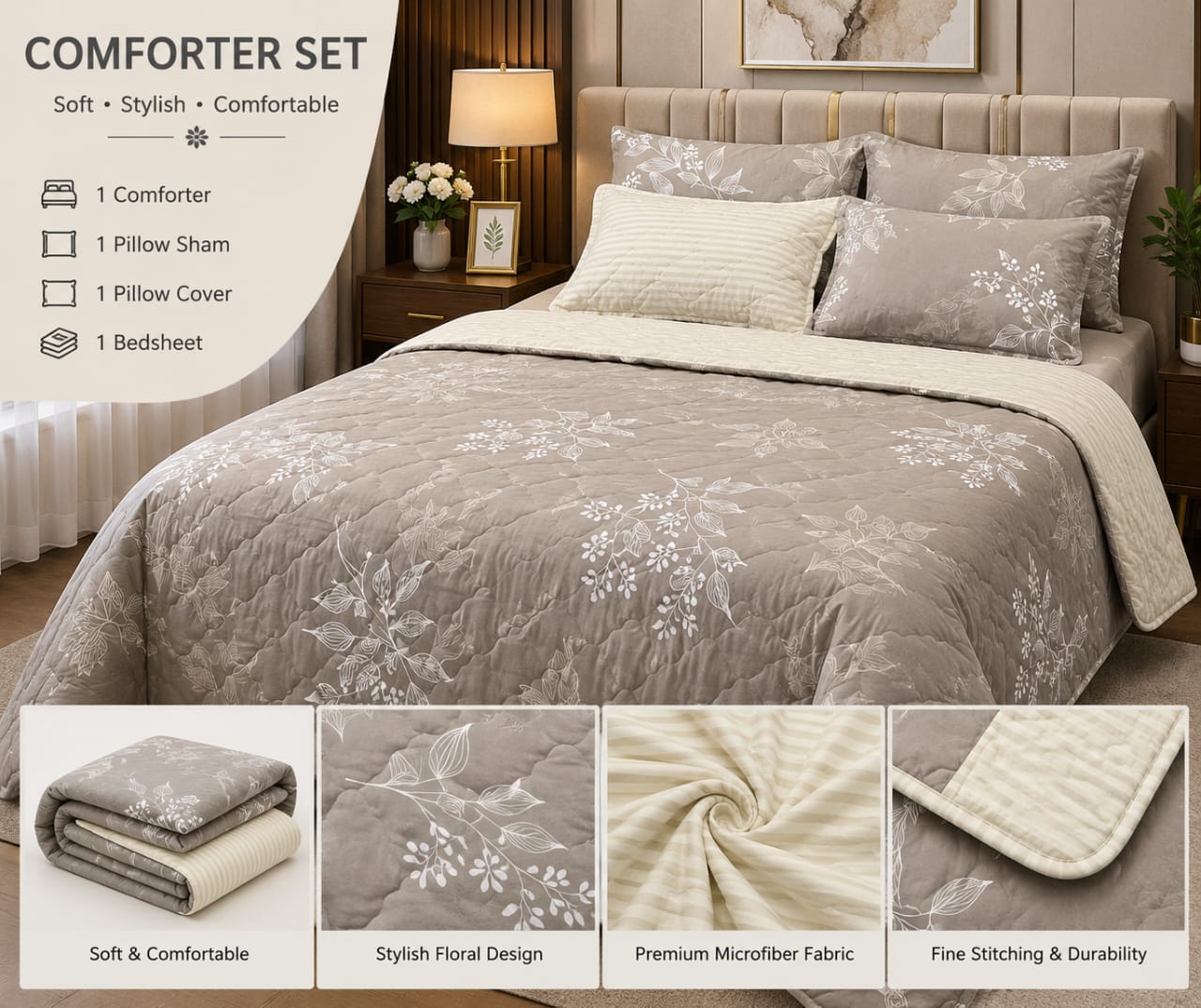 Grey floral 4-piece comforter set on a styled bed with product details