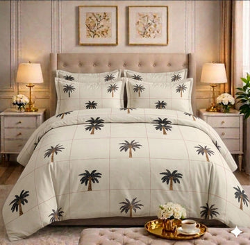 Palm tree grid pattern comforter set on a styled bed