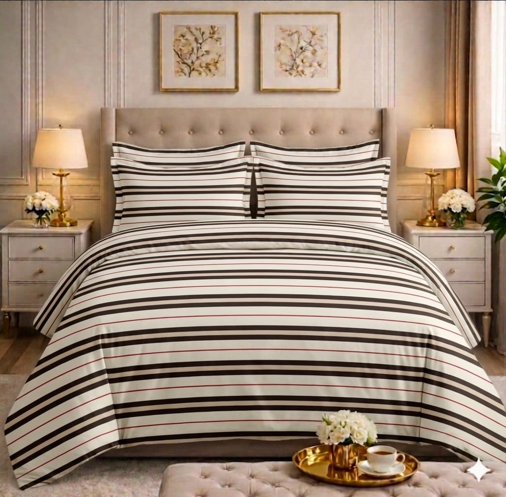 Classic black and white stripe comforter set on a styled bed