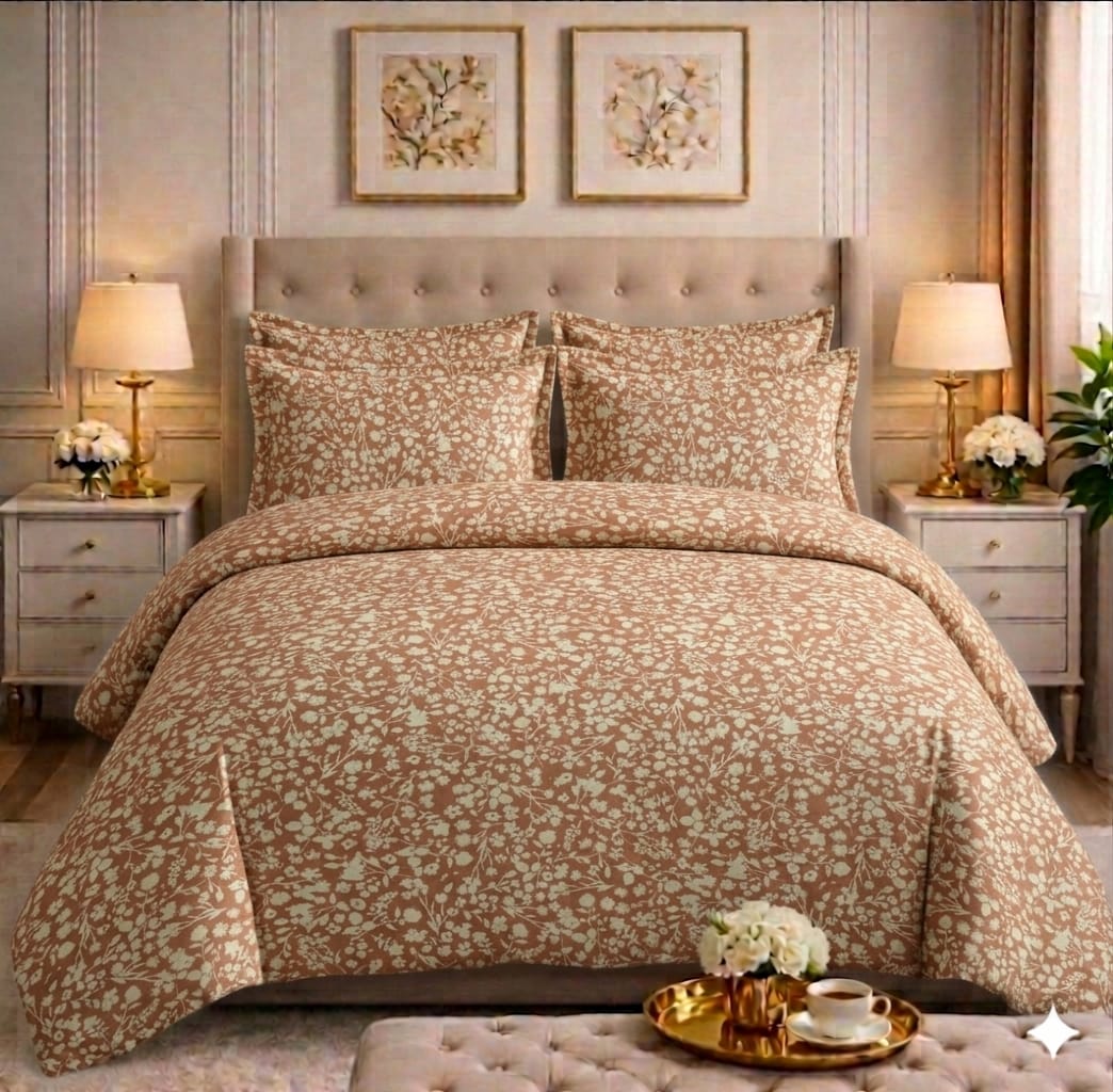 Mocha and cream floral comforter set on a styled bed