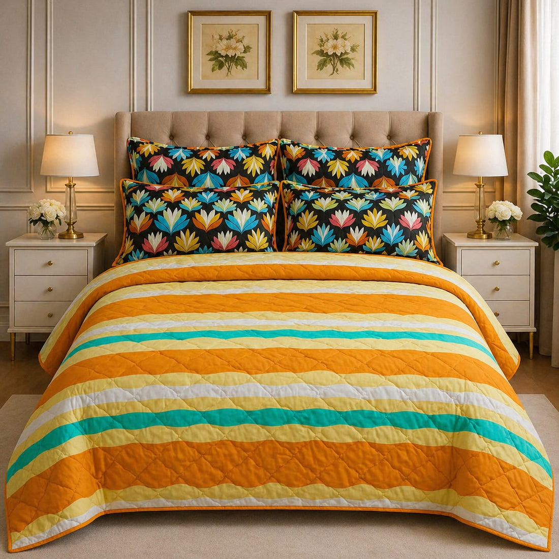 Vibrant boho stripe and floral comforter set on a styled bed