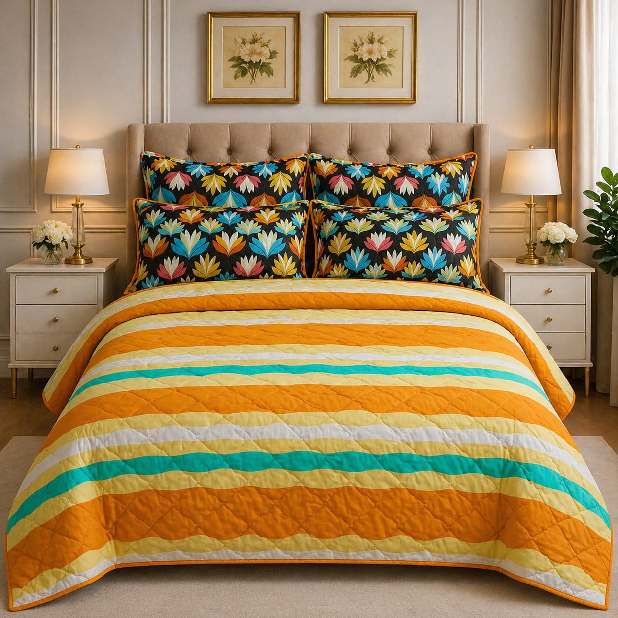 Vibrant boho stripe and floral comforter set on a styled bed