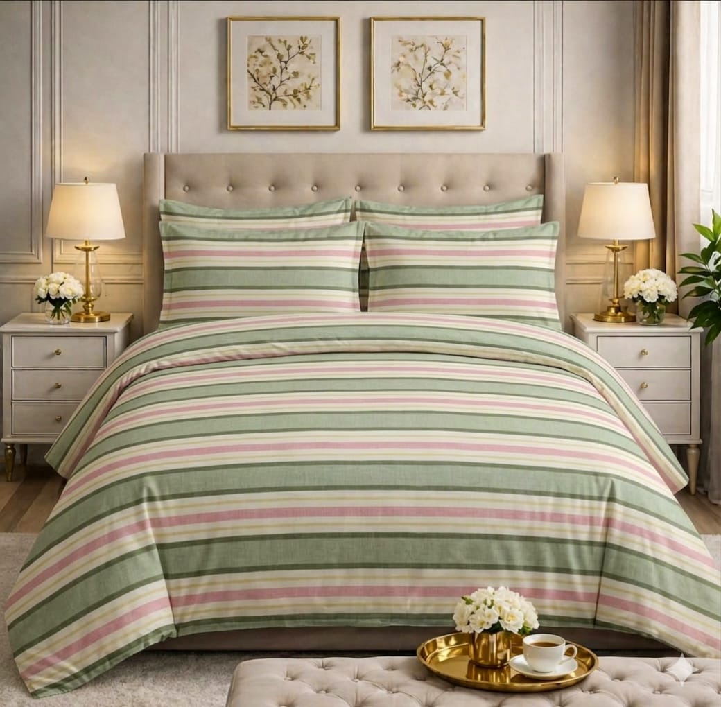 Sage green and pink stripe comforter set on a styled bed